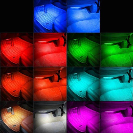 Car Interior RGB LED Light With Wireless Remote Control showing multicolor footwell lighting options (red, blue, green, purple, white)