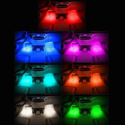 Car Interior RGB LED Light With Wireless Remote Control illuminating car footwells in multiple RGB colors and modes, plug-and-play setup