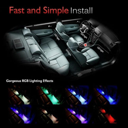 Car Interior RGB LED Light With Wireless Remote Control showing dash and footwell RGB zones, remote-controlled color modes and simple plug-and-play install