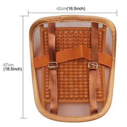 Breathable Summer Waist Mat with Wooden Massage Beads for Car and Office shown from back with mesh, straps and bead details