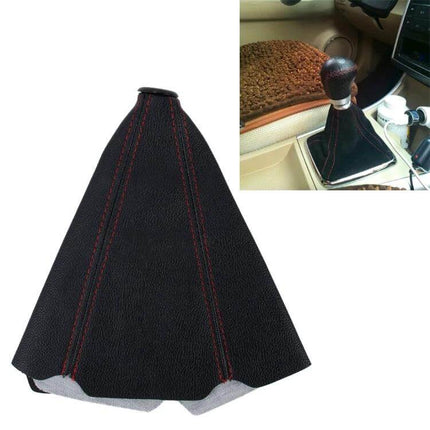 Universal Leather Hand Brake Shift Knob Cover for Cars black leather red stitch gear shift boot, installed in car interior