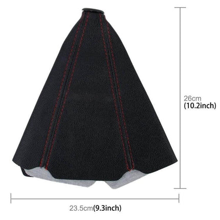 Universal Leather Hand Brake Shift Knob Cover for Cars - black leather boot with red stitching, 26cm x 23.5cm dimensions