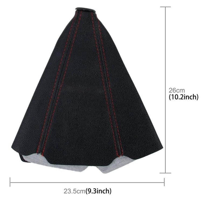 Universal Leather Hand Brake Shift Knob Cover for Cars - black leather boot with red stitching, 26cm x 23.5cm dimensions