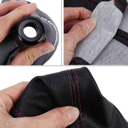 Universal Leather Hand Brake Shift Knob Cover for Cars – black leather cover with red stitching, interior lining and installation detail