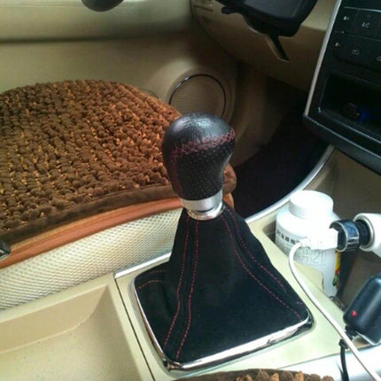 Universal Leather Hand Brake Shift Knob Cover for Cars installed on car gear shift with red stitching and suede boot