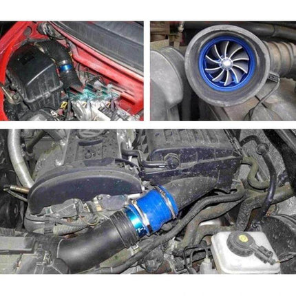 Car Air Intake Turbo Charger Fan Kit For Better Engine Airflow Red installed on engine showing blue dual-propeller turbo intake and aluminum alloy components