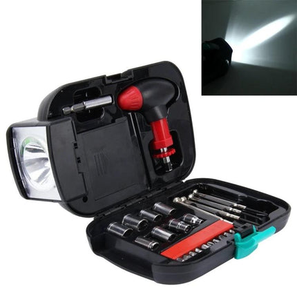 Versatile Tool Set With Flashlight For Home And Travel Needs - compact kit with pistol-grip ratchet, sockets, bits and built-in flashlight for repairs