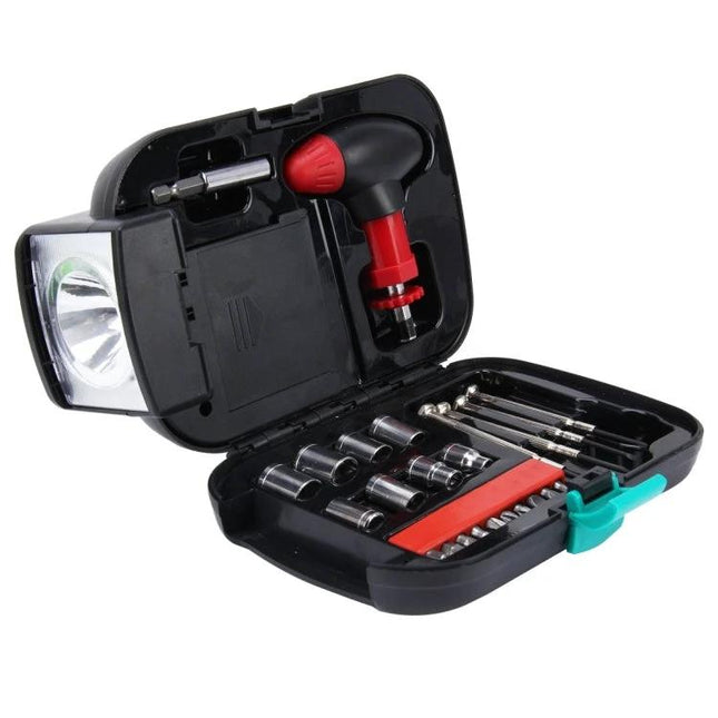 Versatile Tool Set With Flashlight For Home And Travel Needs - compact pistol-grip ratchet driver and sockets kit with built-in flashlight