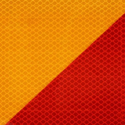 Aluminum Rear Warning Sign Sticker for Trucks and Vans, 55cm x 13cm reflective yellow-red diagonal close-up on aluminum backing