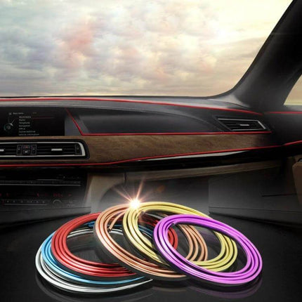 Flexible Automotive Trim Strip for Car Interior and Exterior, 5 Meters installed on dashboard edges and door panels, multicolor coils ready for application