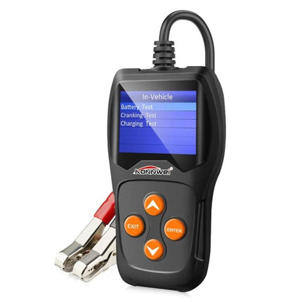 Konnwei Auto Battery Analyzer for Routine Vehicle Checks handheld tester with clamps and LCD showing battery, cranking, charging tests