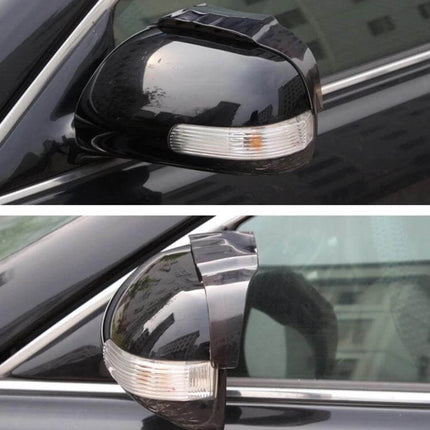 Universal Rubber Rain Baffle for Car Rearview Mirrors, 2 Pack - rubber rain shield attached to black side mirror reducing water buildup