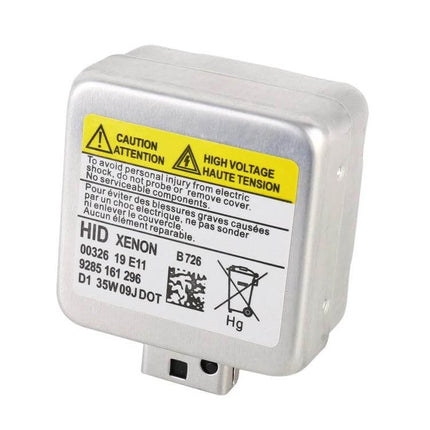 HID Headlight Bulbs For Car Use 2 Pack Ready To Install - silver HID xenon ballast module close-up, 35W warning label