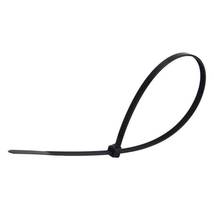 Nylon Cable Ties 5mm x 300mm, 250 Pack, Black, General Use - single black tie looped on white background, 48 lb tensile strength, rounded edges
