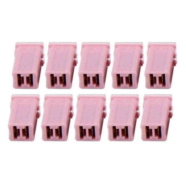 Vehicle PAL Fuses for Car Electrical Systems, 10 Pack 30 Amp 32V - pink PAL blade fuses with two straight female terminals, 10-pack for car repairs