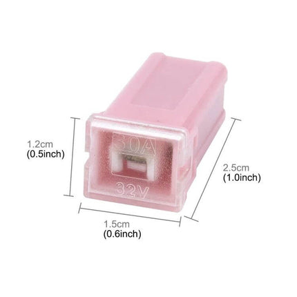 Vehicle PAL Fuses for Car Electrical Systems, 10 Pack 30 Amp 32V pink 30A 32V PAL fuse close-up with dimensions