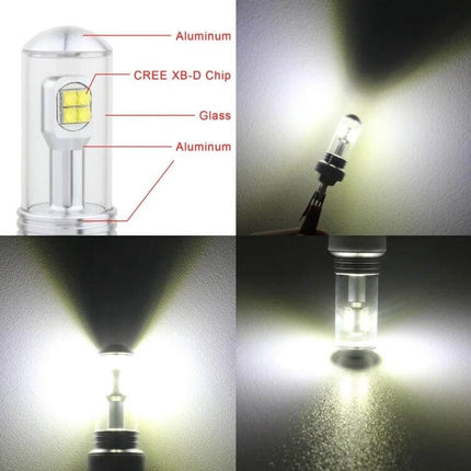 LED Car Fog Lights Two Pack For Safe Night Driving 6000K White - closeup of 6000K white LED bulb, CREE XB-D chip, beam pattern and installation view
