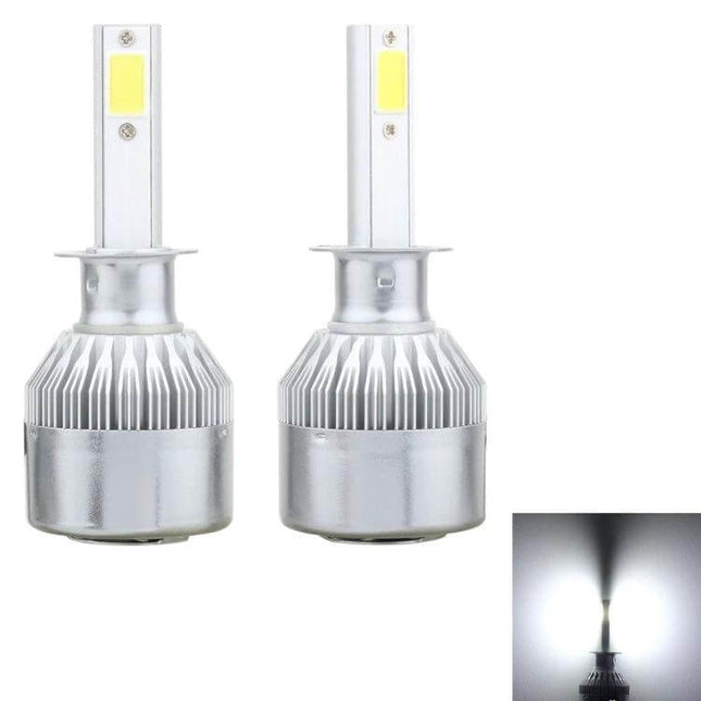 H1 LED Car Headlight, Bright White Beam, 2 COB Lamps - twin silver aviation aluminum bulbs with bright white beam, tool-free replacement for cars and trucks