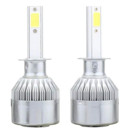 H1 LED Car Headlight, Bright White Beam, 2 COB Lamps - dual silver aviation aluminum housing, tool-free plug-and-play replacement for cars and trucks