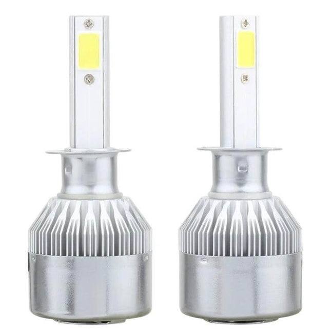 H1 LED Car Headlight, Bright White Beam, 2 COB Lamps - dual silver aviation aluminum housing, tool-free plug-and-play replacement for cars and trucks