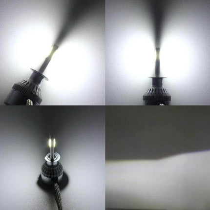H1 LED Car Headlight, Bright White Beam, 2 COB Lamps showing dual COB beams, aviation aluminum housing and clean cutoff for car and truck replacement