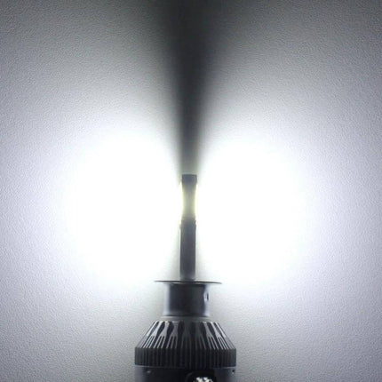 H1 LED Car Headlight, Bright White Beam, 2 COB Lamps showing bright white dual-beam output and aviation aluminum housing