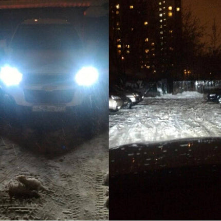H1 LED Car Headlight, Bright White Beam, 2 COB Lamps installed on snowy night showing bright white beam and clear roadway illumination