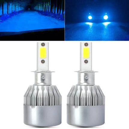 H3 LED Car Headlight For Night Driving IP68 Durable Everyday Use - pair of silver H3 LED bulbs showing blue night beam and road illumination