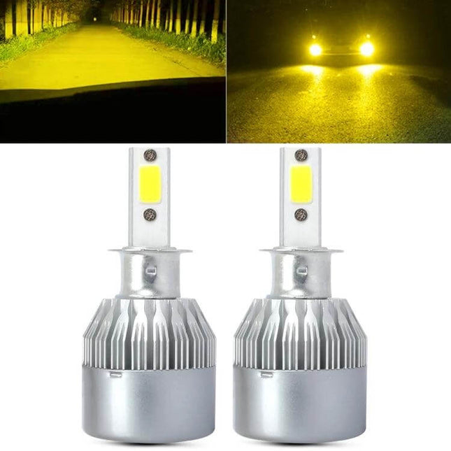 H3 LED Car Headlight For Night Driving IP68 Durable Everyday Use - pair of silver H3 LED bulbs showing bright yellow night beam and road illumination