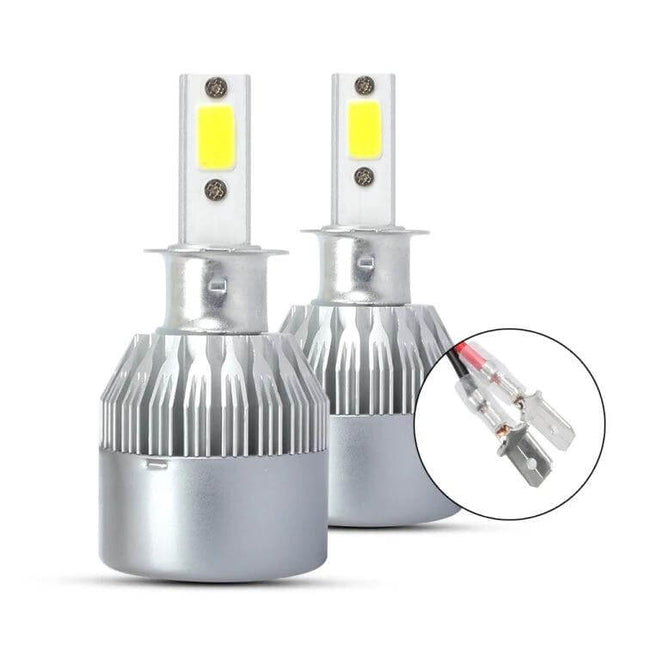 H3 LED Car Headlight For Night Driving IP68 Durable Everyday Use - pair of silver H3 LED bulbs with aluminum heatsink and connector