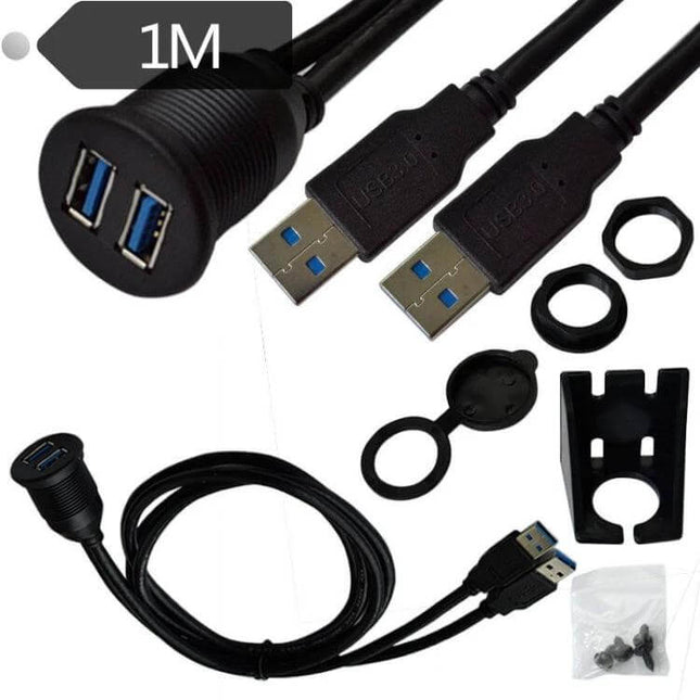 1m Waterproof USB Dashboard Extension Cable for Car and Motorcycle - dual-port USB 3.0 panel mount with 1m cable, waterproof connectors and mounting hardware