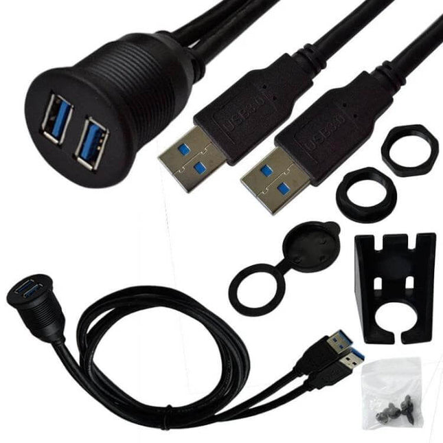 1m Waterproof USB Dashboard Extension Cable for Car and Motorcycle with dual USB 3.0 ports, waterproof panel mount and mounting hardware