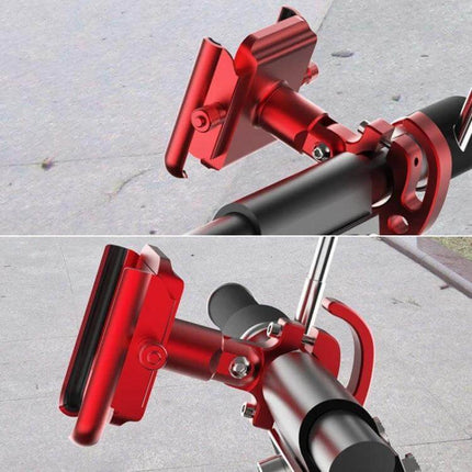 Aluminum Motorcycle Phone Holder for 4-6.5 Inch Devices mounted on red aluminum bike handlebar clamp showing adjustable angle and secure grip