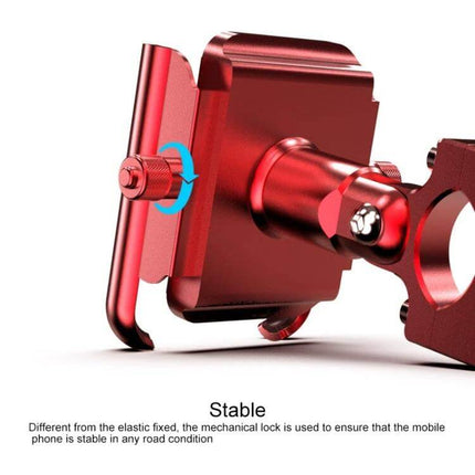 Aluminum Motorcycle Phone Holder for 4-6.5 Inch Devices in red aluminum showing mechanical lock and handlebar mount for stable GPS access