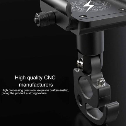 Aluminum Motorcycle Phone Holder for 4-6.5 Inch Devices mounted on handlebar showing CNC aluminum clamp and adjustable joint