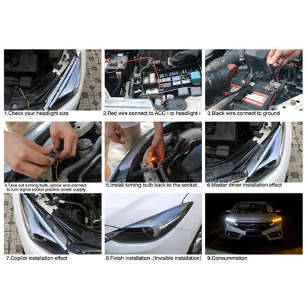 2 Pack 30cm Ultra-Thin Car Turn Lights and Running Lights installation guide collage showing wiring steps, bulb swap, and finished headlight daytime running light effect