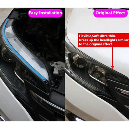 2 Pack 30cm Ultra-Thin Car Turn Lights and Running Lights installed as slim headlight strips showing easy installation and original effect