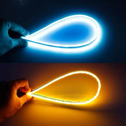 2-Pack Dual-Color 30cm Car Turn And Running Lights showing blue running light and amber turn signal strip held by hand