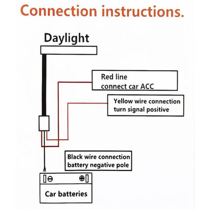 2-Pack Dual-Color 30cm Car Turn And Running Lights wiring diagram showing red ACC, yellow turn signal positive, and black battery negative connections