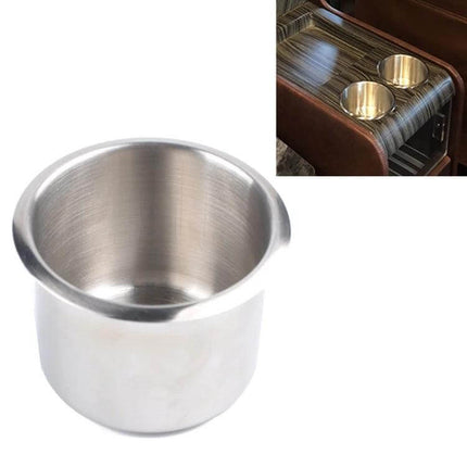 Stainless Steel Drop-in Cup Holder for RV and Vehicles, 80x56mm installed in RV armrest to secure beverages and prevent spills