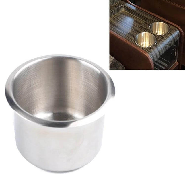 Stainless Steel Drop-in Cup Holder for RV and Vehicles, 80x56mm installed in RV armrest to secure beverages and prevent spills
