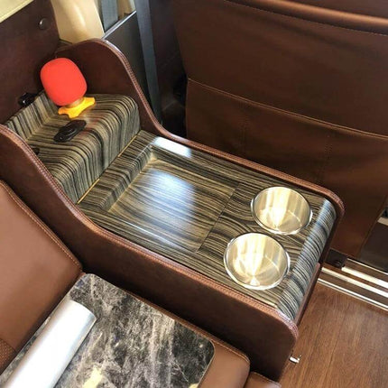 Stainless Steel Drop-In Cup Holder for RV and Vehicles, 9 x 5.7cm installed in vehicle armrest with two stainless cups, prevents spills and organizes drinks