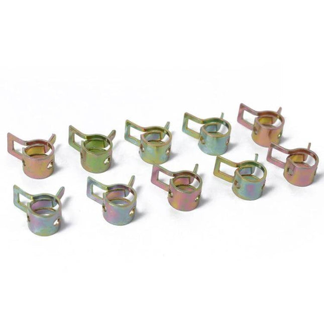 18mm Spring Clips for Securing Car Fuel and Water Hoses, 10 Pack metal hose clamps neatly arranged on white background