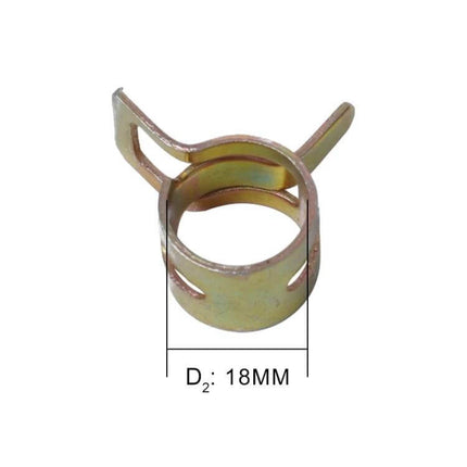 18mm Spring Clips for Securing Car Fuel and Water Hoses, 10 Pack - close-up of single 18mm metal spring hose clip showing measurements and dual-tab design