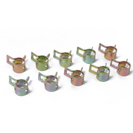 18mm Spring Clips for Securing Car Fuel and Water Hoses, 10 Pack - zinc-plated hose clamps laid out on white background