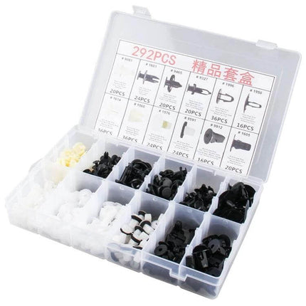 Car Retainer Clips Set, 292-Piece Plastic Fasteners - assorted black and white automotive trim and bumper push clips in plastic organizer box