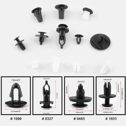 Car Retainer Clips Set, 292-Piece Plastic Fasteners assortment of black and white push clips for trim, bumpers, fenders and engine bay replacements