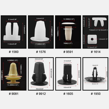 Car Retainer Clips Set, 292-Piece Plastic Fasteners assortment showing various numbered plastic push clips and dimensions for trim, bumper, door, fender retainers