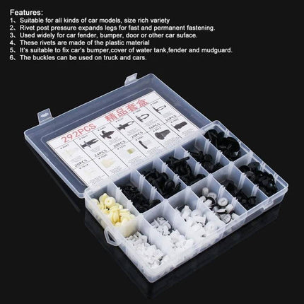 Car Retainer Clips Set, 292-Piece Plastic Fasteners in organized compartment case showing assorted black white beige push clips for trim and bumper