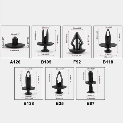 Car Retainer Clips Kit 415-Piece Assortment For Panel Trim - labeled plastic trim retainer clips A126 B105 F92 B118 B138 B35 B87